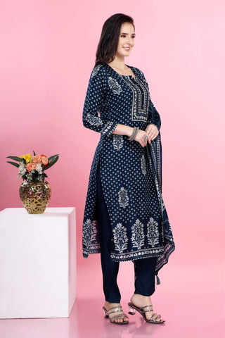 Navy Blue Colour V Neck Kurta Paired With Pant And Dupatta