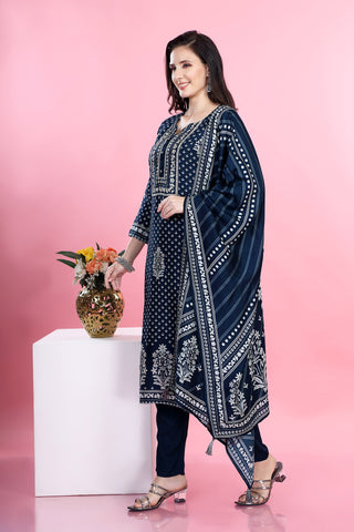 Navy Blue Colour V Neck Kurta Paired With Pant And Dupatta