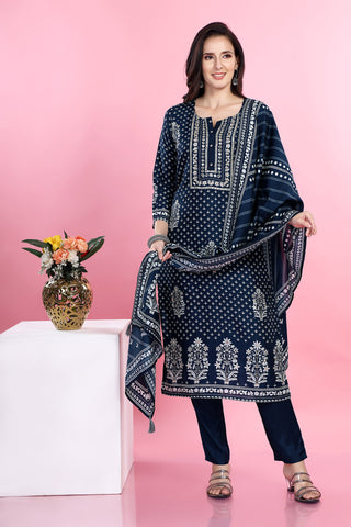 Navy Blue Colour V Neck Kurta Paired With Pant And Dupatta