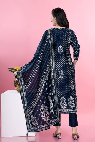 Navy Blue Colour V Neck Kurta Paired With Pant And Dupatta