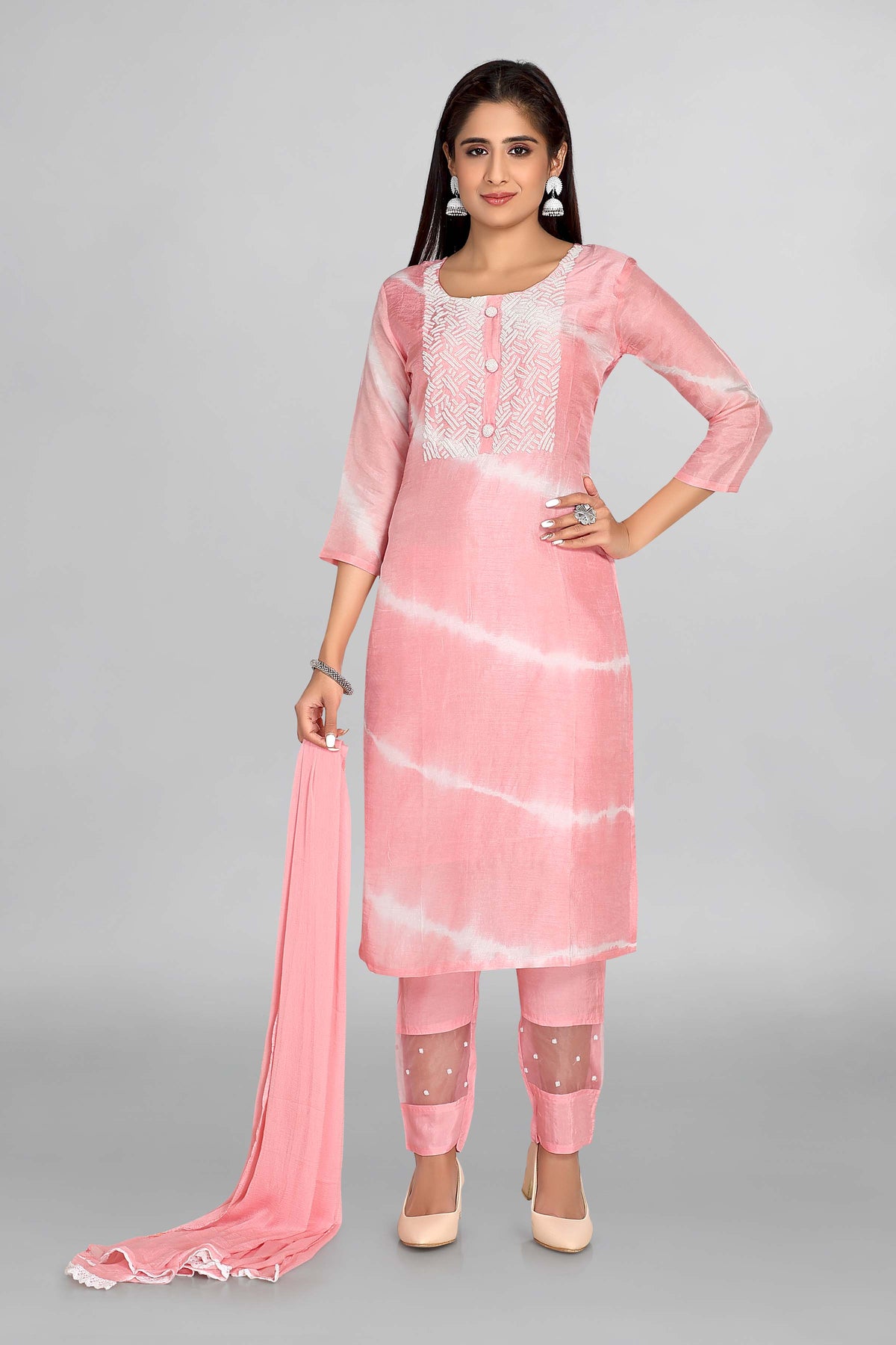 Baby Pink Colour Kurta With Neck Line Moti Work Paired With Plain Pant Chiffon Dupatta