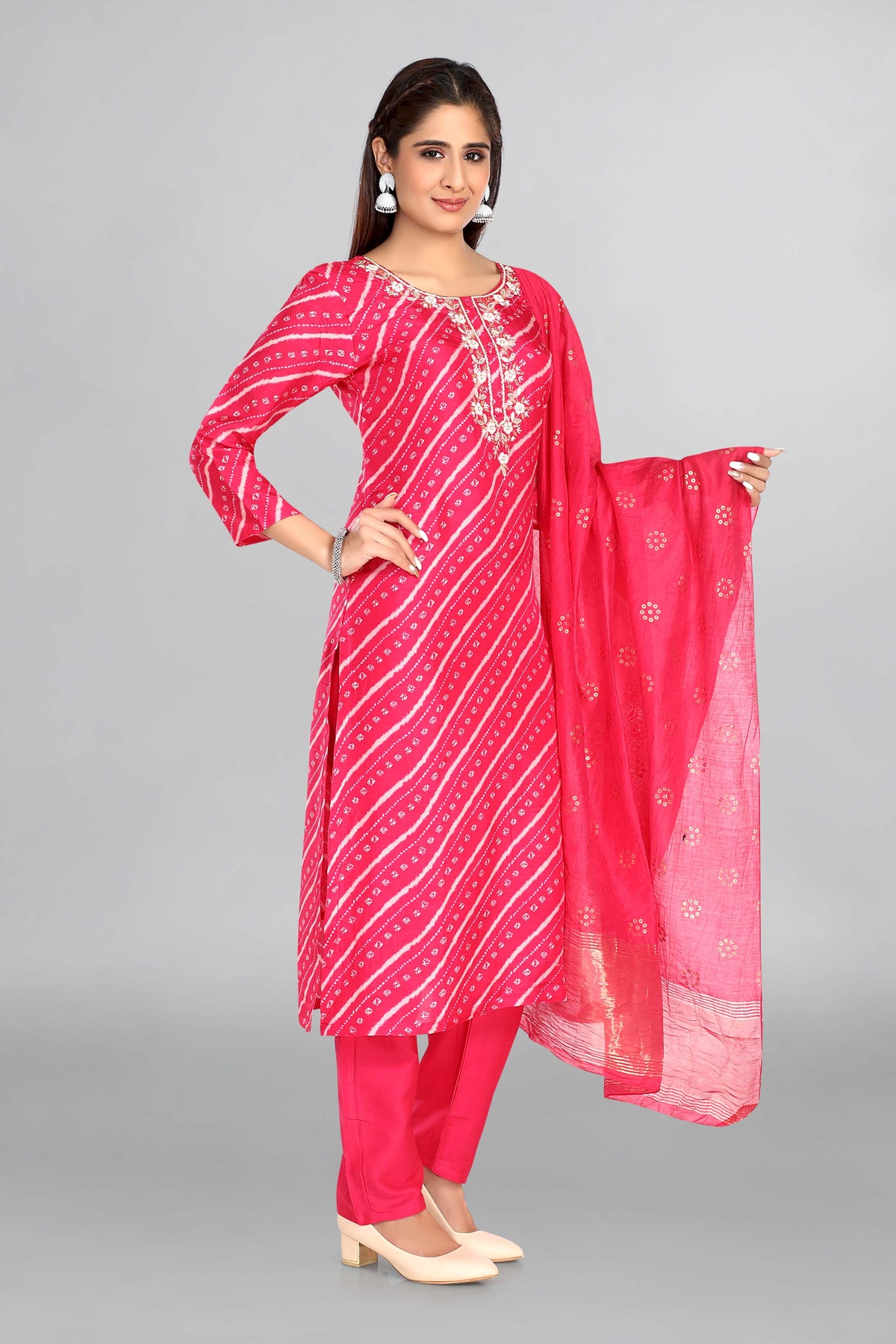 Dark Rani Colour Kurti With Beautiful Zardozi Neckline Work With Plain Pant And Gajji Silk Dupatta