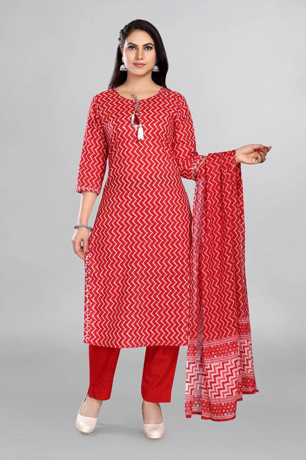 Red Colour Printed Kurta Paired With Pant And Printed Dupatta