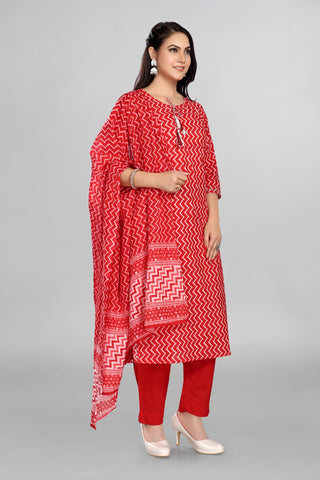 Red Colour Printed Kurta Paired With Pant And Printed Dupatta