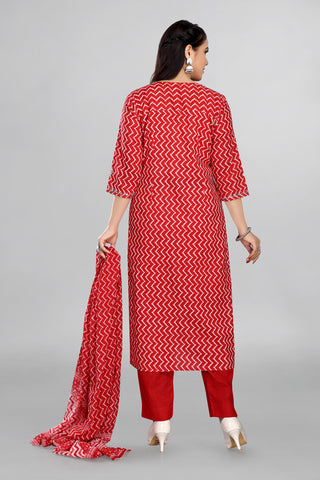 Red Colour Printed Kurta Paired With Pant And Printed Dupatta