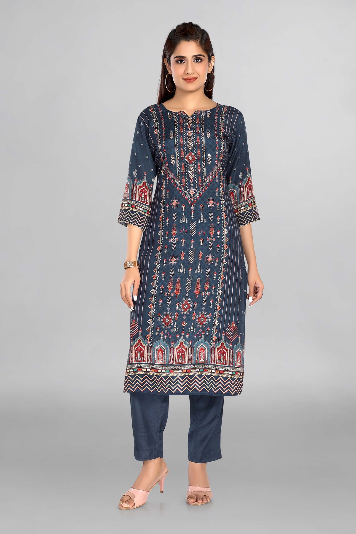 Dark Blue Kurta with Mughal print paired with plain pant