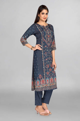 Dark Blue Kurta with Mughal print paired with plain pant