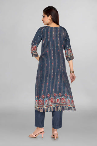 Dark Blue Kurta with Mughal print paired with plain pant