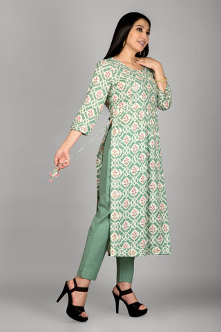 Light Green Printed Kurta Paired With Pant