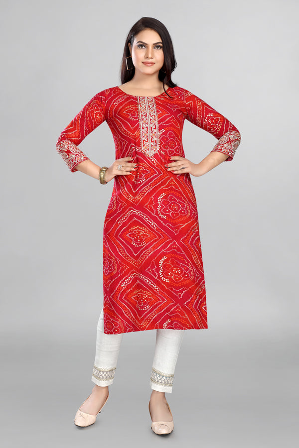 Dark Pink Colour Bandhani Kurta With Beautiful Neckline And Sleevees