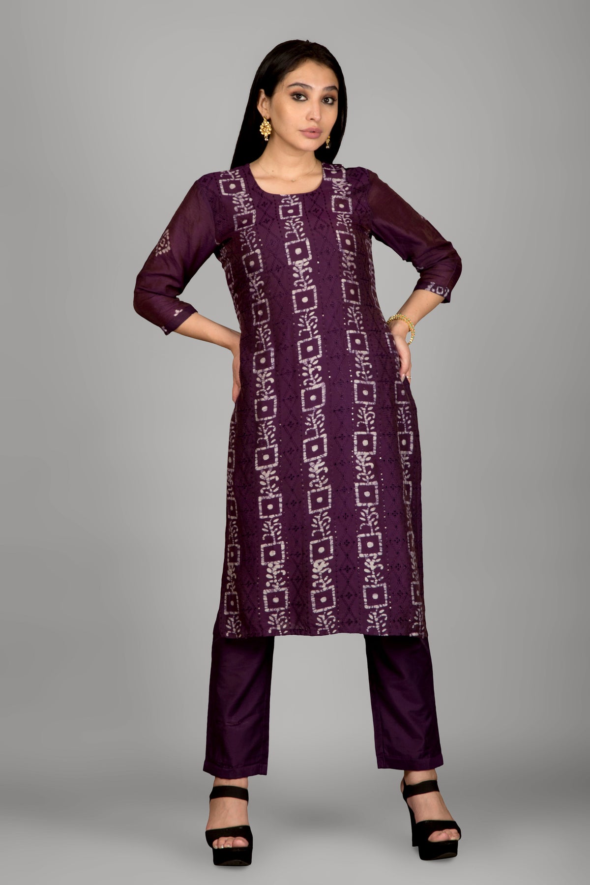 Dark Violet Batic Print Kurta Paired With Pant