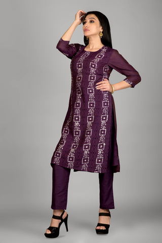 Dark Violet Batic Print Kurta Paired With Pant