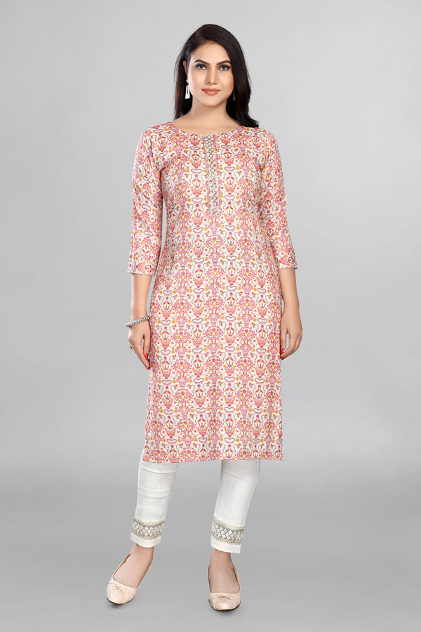 Pink Colour Printed Kurta With Neckline Work