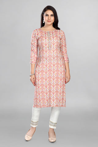 Pink Colour Printed Kurta With Neckline Work