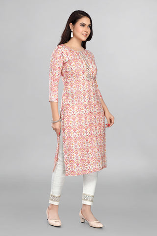 Pink Colour Printed Kurta With Neckline Work