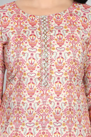 Pink Colour Printed Kurta With Neckline Work