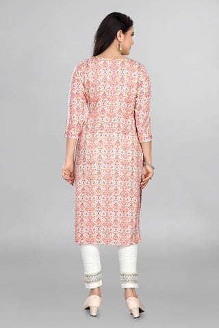 Pink Colour Printed Kurta With Neckline Work