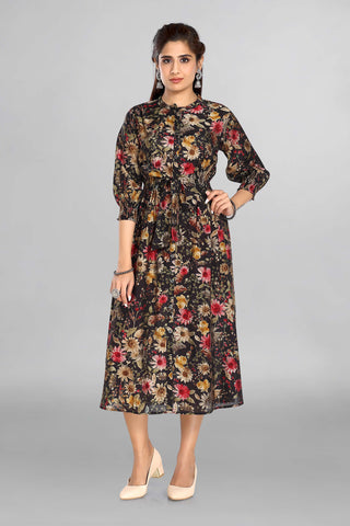 Black Colour Floral Print in Middy Pattern