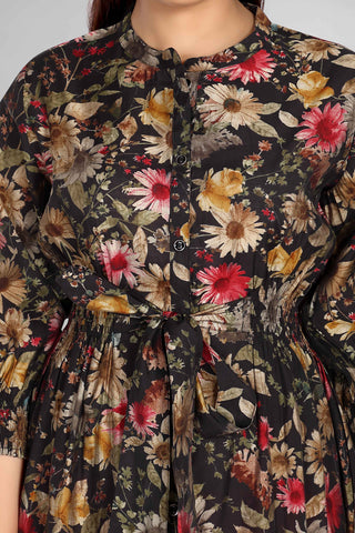 Black Colour Floral Print in Middy Pattern