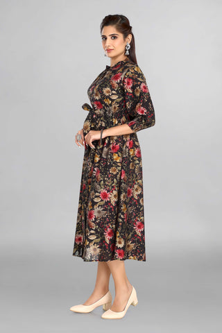 Black Colour Floral Print in Middy Pattern