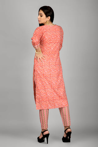 Dark Peach Printed Kurta Paired With Pant And Dupatta