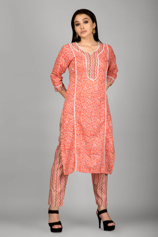 Dark Peach Printed Kurta Paired With Pant And Dupatta