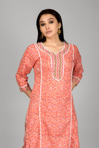 Dark Peach Printed Kurta Paired With Pant And Dupatta