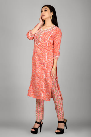 Dark Peach Printed Kurta Paired With Pant And Dupatta