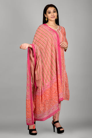 Dark Peach Printed Kurta Paired With Pant And Dupatta