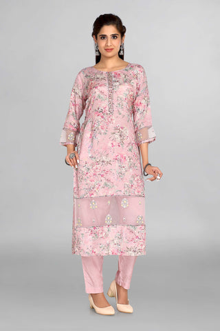 Floral Pink Colour Kurta With Plain Pant