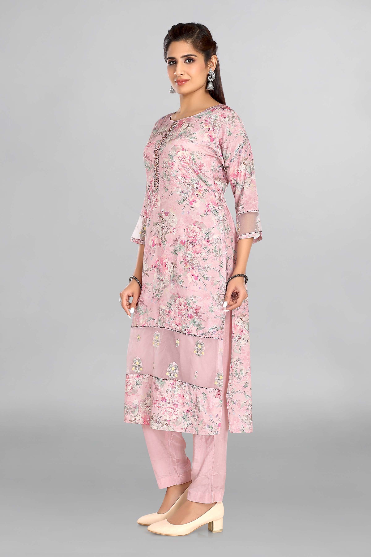 Floral Pink Colour Kurta With Plain Pant