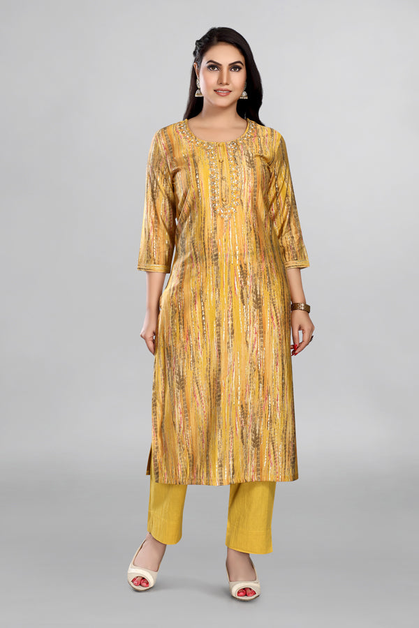 Dark Yellow Colour Kurta with Beautiful Neckline Embroidery and Plain Pant