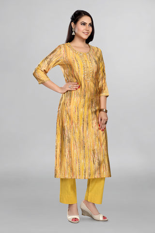 Dark Yellow Colour Kurta with Beautiful Neckline Embroidery and Plain Pant