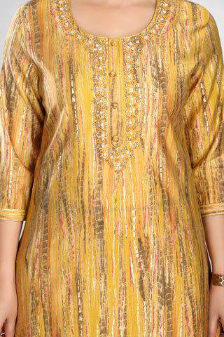 Dark Yellow Colour Kurta with Beautiful Neckline Embroidery and Plain Pant