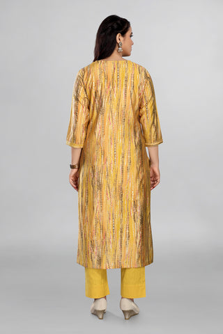 Dark Yellow Colour Kurta with Beautiful Neckline Embroidery and Plain Pant