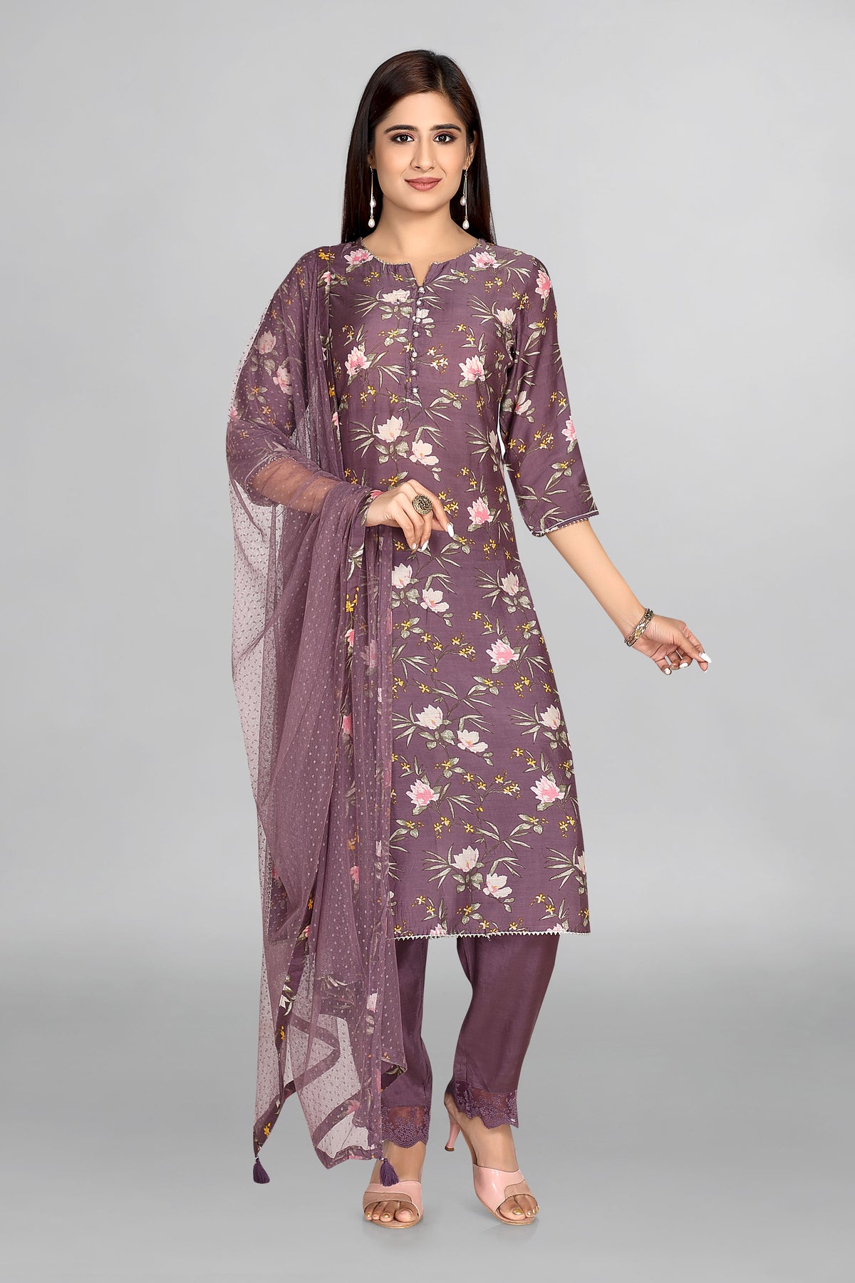 Light Purple Colour With Floral Print  With Pant And  Netted Dupatta