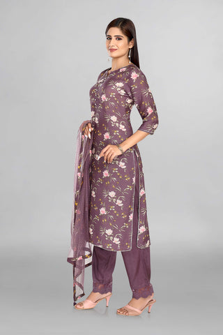 Light Purple Colour With Floral Print  With Pant And  Netted Dupatta