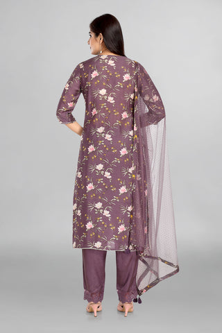 Light Purple Colour With Floral Print  With Pant And  Netted Dupatta