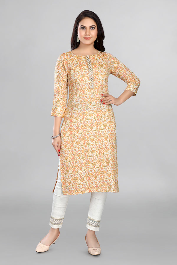 Light Yellow Colour Printed Kurta With Neckline Work