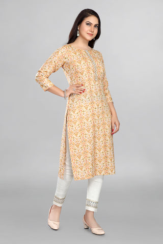 Light Yellow Colour Printed Kurta With Neckline Work