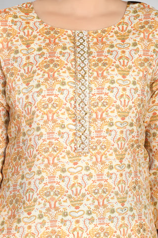 Light Yellow Colour Printed Kurta With Neckline Work