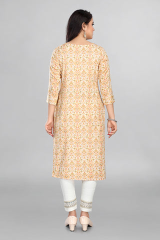 Light Yellow Colour Printed Kurta With Neckline Work