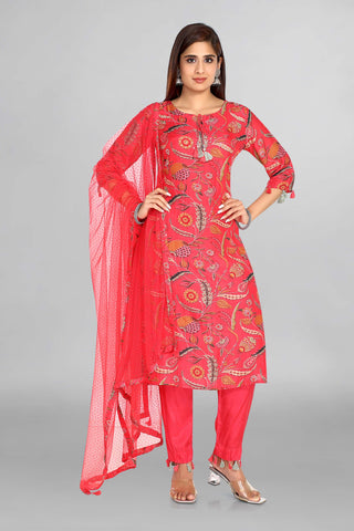 Camellia Rose Colour Printed Kurta With Plain Pant And Nett Dupatta