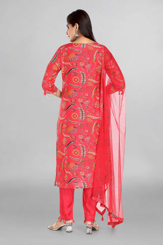 Camellia Rose Colour Printed Kurta With Plain Pant And Nett Dupatta