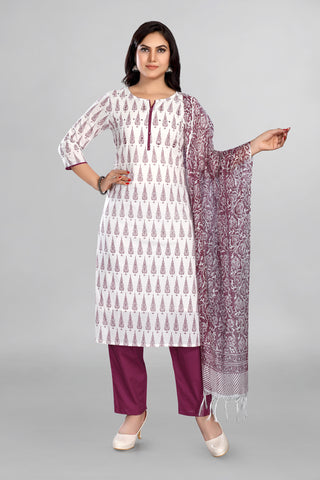 White Colour Beautiful Printed Kurta Paired With Pink Pant And Kota Dupatta