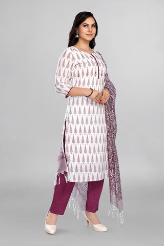 White Colour Beautiful Printed Kurta Paired With Pink Pant And Kota Dupatta