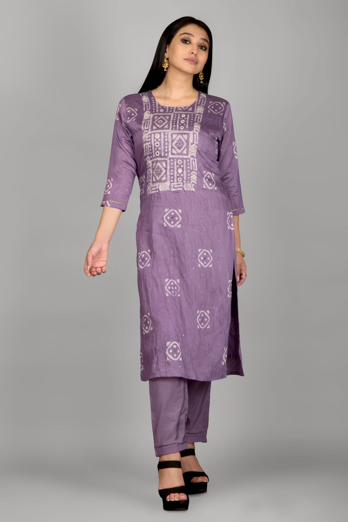 Lavender Colour Mirror Work Kurta Paired With Pant And Dupatta