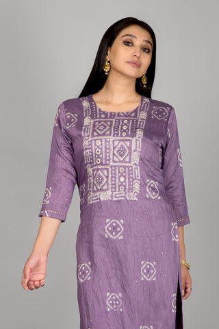 Lavender Colour Mirror Work Kurta Paired With Pant And Dupatta