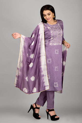 Lavender Colour Mirror Work Kurta Paired With Pant And Dupatta