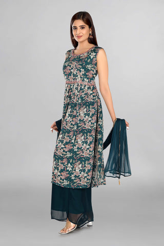 Green Colour Nayra Cut Thread Work Kurta Paired With Palazzo And Dupatta